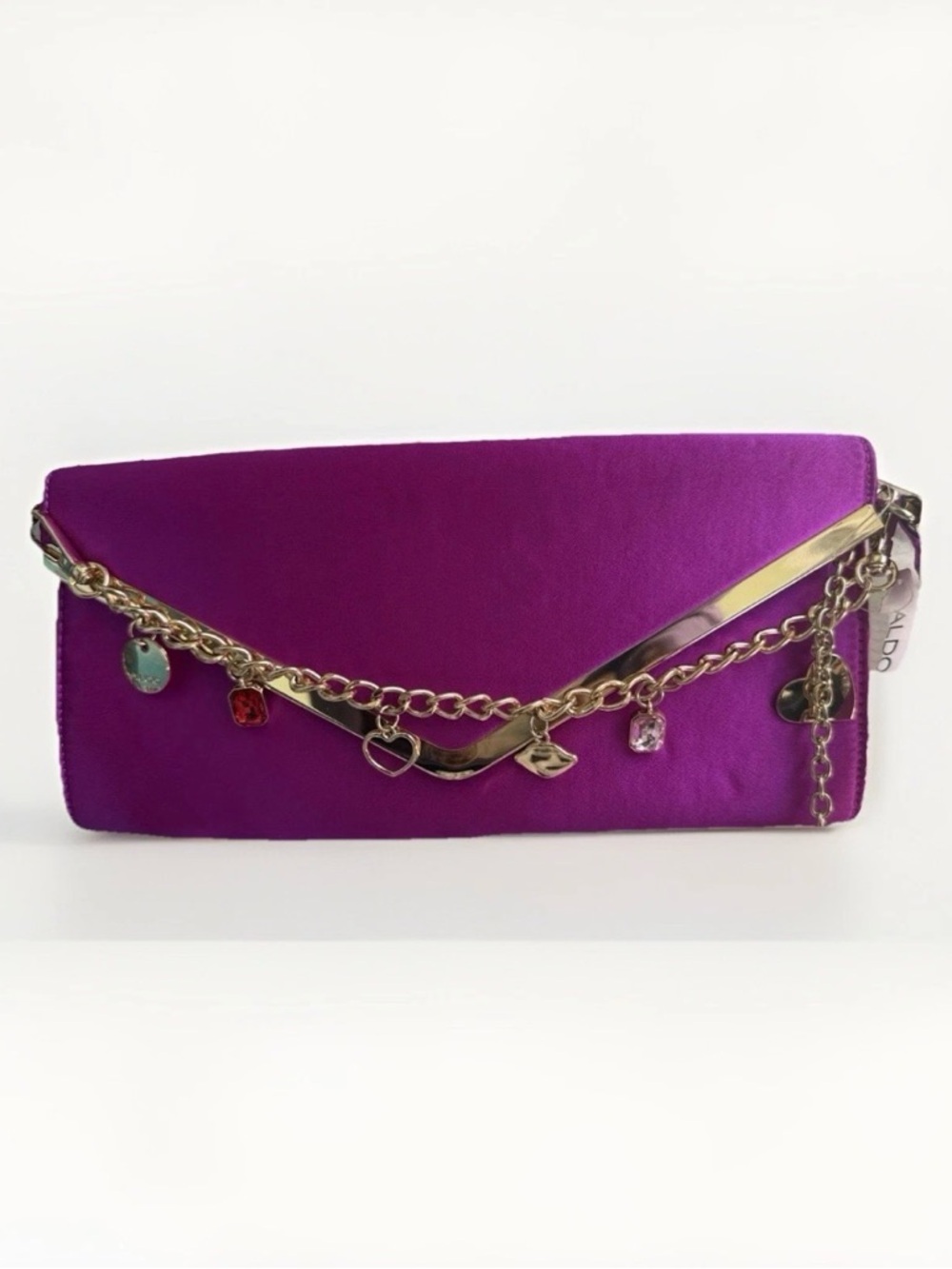 ALDO Magenta Satin Envelope Clutch with Gold Charm Chain